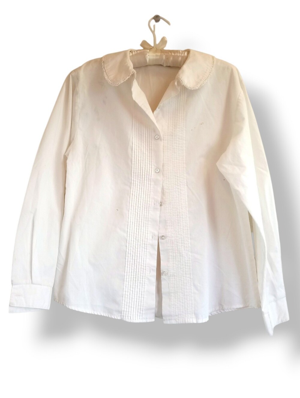 60s Off white pintuck tuxedo blouse Peter Pan Bib Collar Button Down Vintage MED